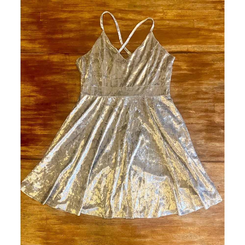 R.Vivimos Silver Crushed Velvet Y2K Skater Dress V-Neck Cross Back Mini Large
